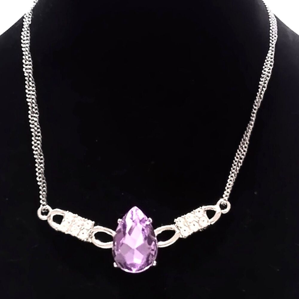 Silver Tone Purple and Clear Rhinestone Bar Statement Necklace